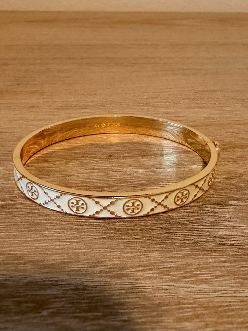 Tory Burch White Gold-Tone Double T Hinged Bangle Bracelet